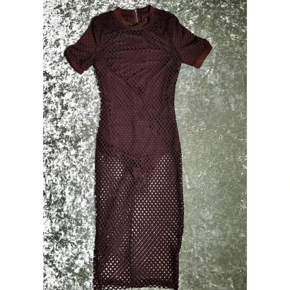 ASOS Naanaa Brown Mesh Bodycon Midi Dress - Picture 2 of 7